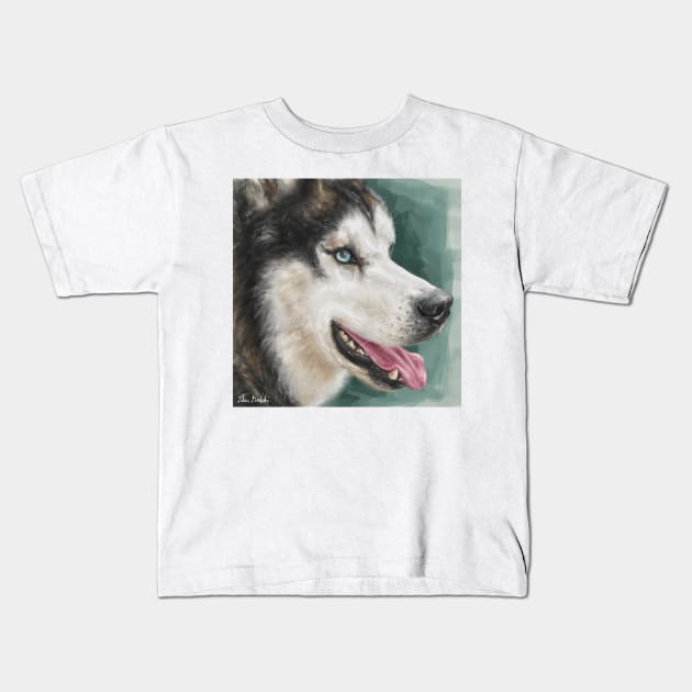 Gorgeous Siberian Husky Painting Contemporary Turquoise background Kids T-Shirt by ibadishi